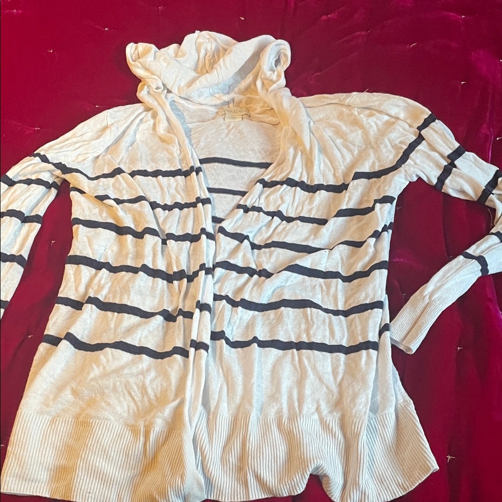 Striped White and Navy Hooded Cardigan